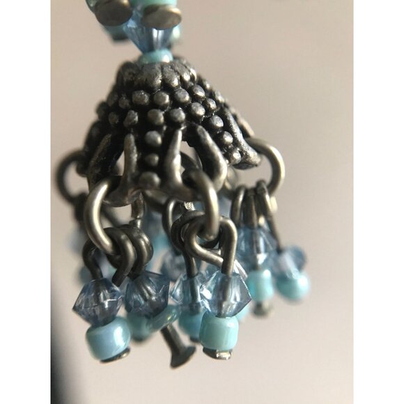 Vintage Circle Heart Mini Blue Beads Pierced Wire Chandelier Dangle Earrings - Picture 7 of 8